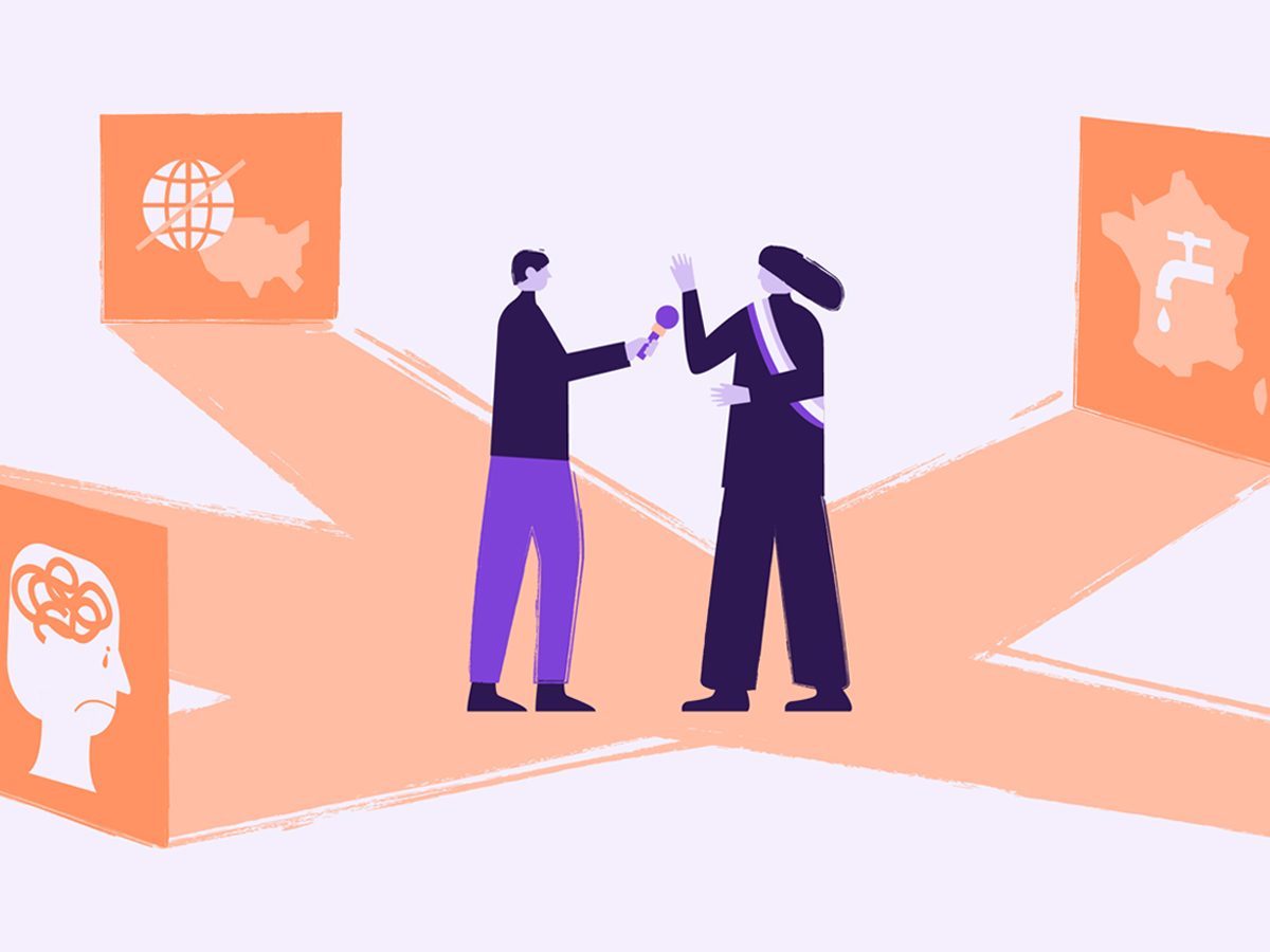 Dessin conceptuel illustrant le rôle du journaliste face aux enjeux mondiaux : interview d'une élue entourée de symboles sur l'intelligence artificielle, l'environnement et les crises internationales.