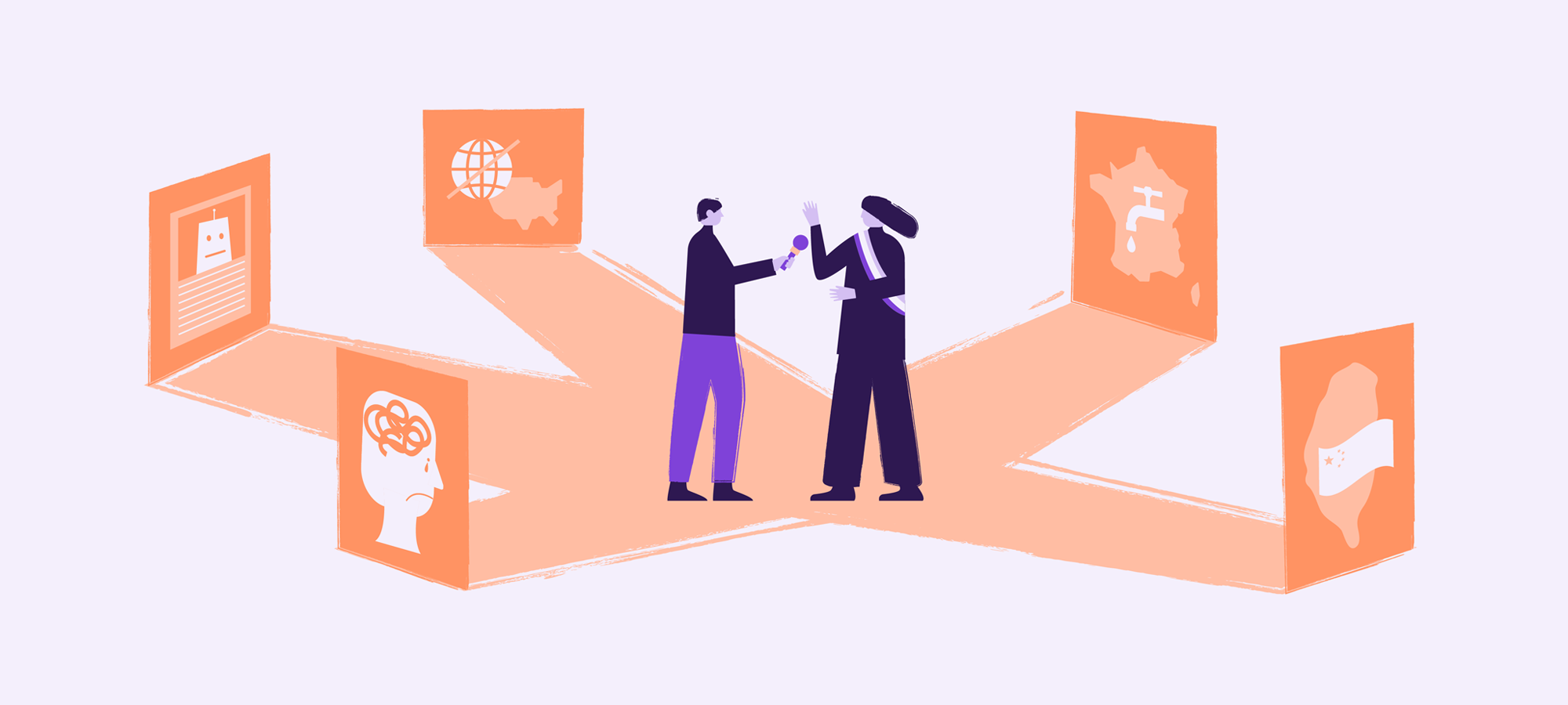 Dessin conceptuel illustrant le rôle du journaliste face aux enjeux mondiaux : interview d'une élue entourée de symboles sur l'intelligence artificielle, l'environnement et les crises internationales.